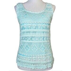 Bloomingdale's Vintage Aqua Crochet Lace Knit Silk Mesh Lining Boho Tank Blouse